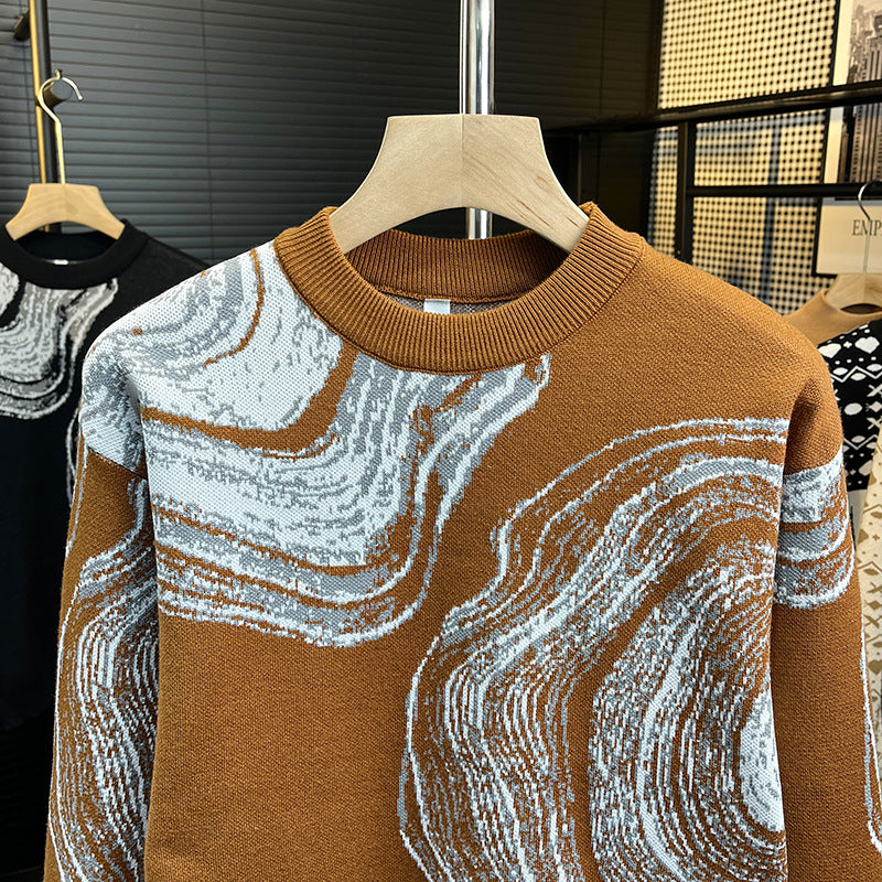Herren Grobgestrickter Rundhalspullover mit abstraktem Marmor-Jacquard Shop Nory