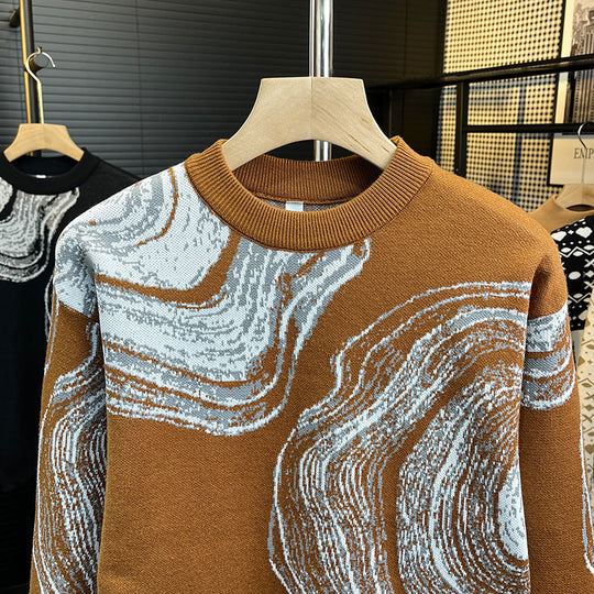 Herren Grobgestrickter Rundhalspullover mit abstraktem Marmor-Jacquard Shop Nory