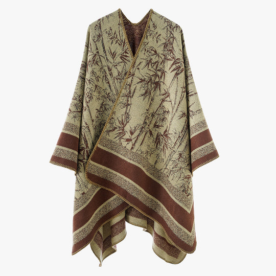 Damen Jacquard‑Poncho im Cape‑Stil mit Bambusmotiv und offener Vorderseite Shop Nory