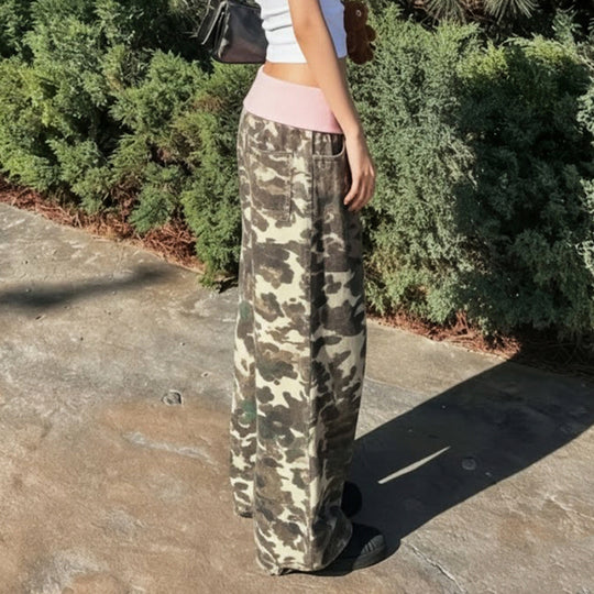 Damen nan weite Lounge-Hose mit Umschlagbund, Camouflage‑Muster und elastischem Komfortstretch Shop Nory