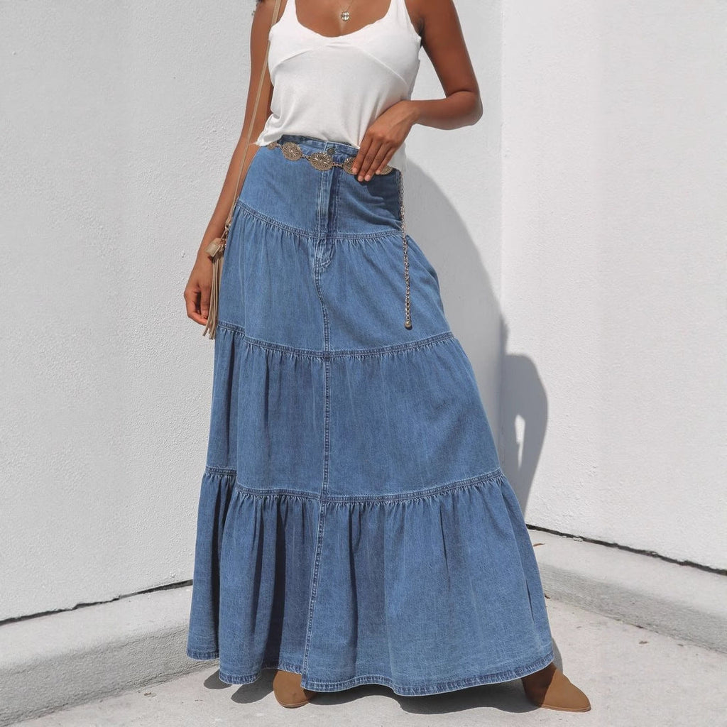 Damen Denim Maxikleid im Boho-Stil mit voluminösem Rock und Rüschen