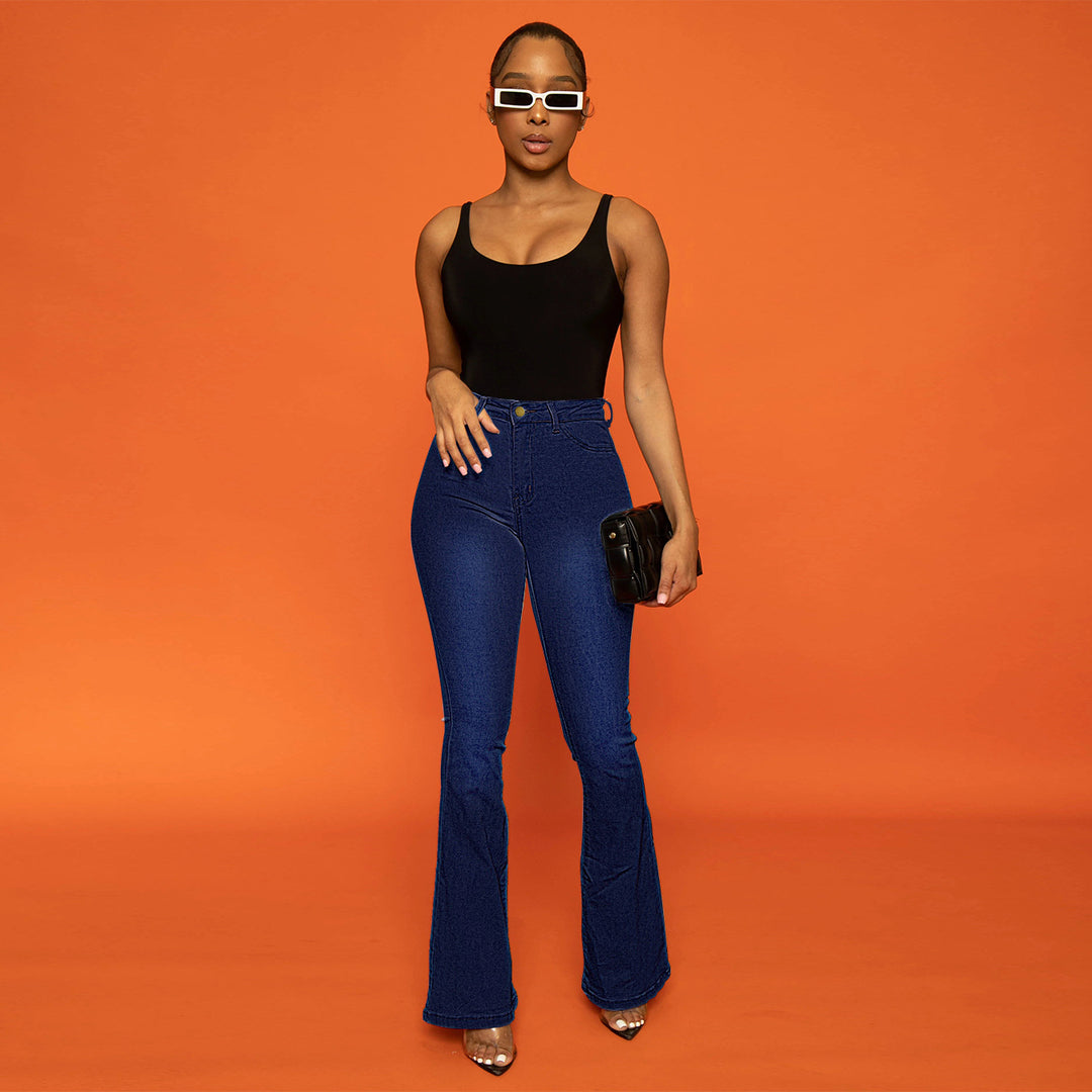 Damen Taillenhohe figurbetonte Schlagjeans aus Stretch-Denim mit ausgestelltem Bein Shop Nory