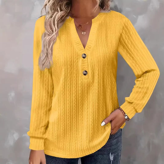 Damen Strukturiertes V‑Neck Langarmshirt mit Zierknopfleiste Shop Nory