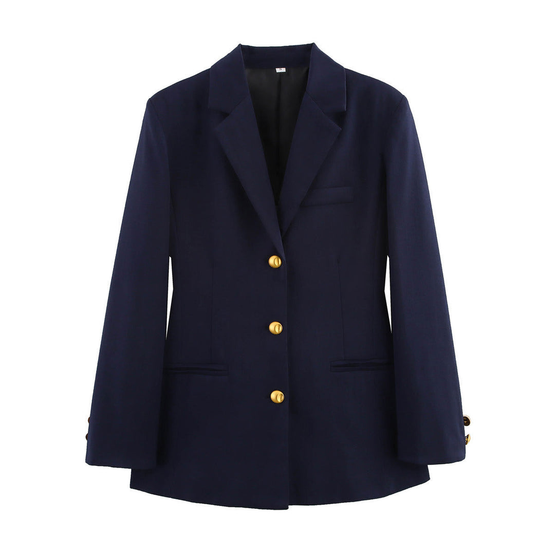 Damen karierten Blazer mit goldenen Knöpfen und praktischen Taschen Shopnory