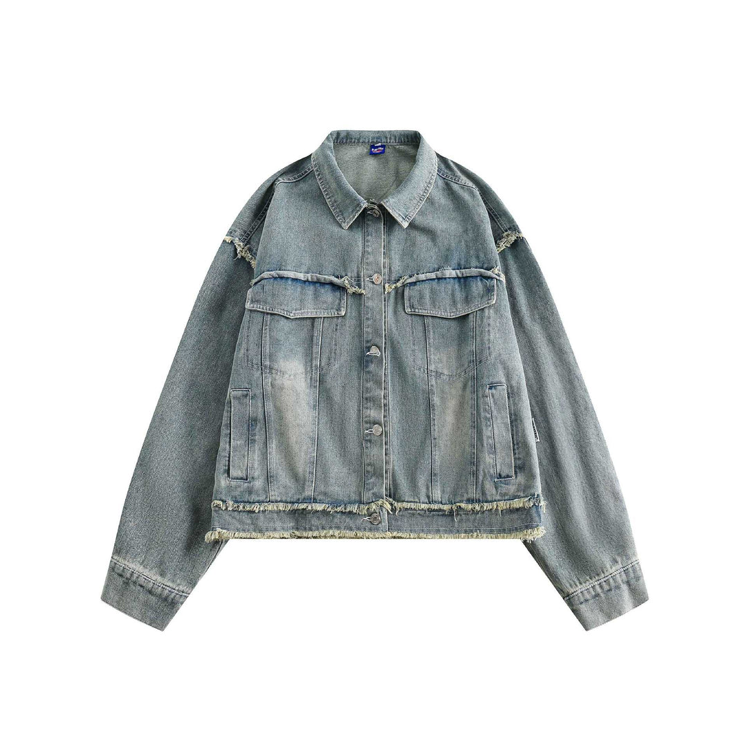 Unisex Oversize Denim-Blousonjacke mit Fransenabschlüssen und Utility-Taschen Shop Nory