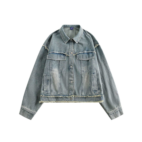 Unisex Oversize Denim-Blousonjacke mit Fransenabschlüssen und Utility-Taschen Shop Nory