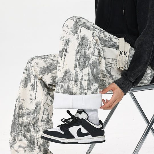 Herren Weit geschnittene Loungehose mit abstraktem Allover‑Print, elastischem Bund und Tunnelzug Shop Nory