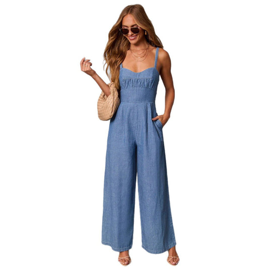 Damen lässiger Denim-Jumpsuit mit elegantem Bustier-Oberteil und weitem Bein
