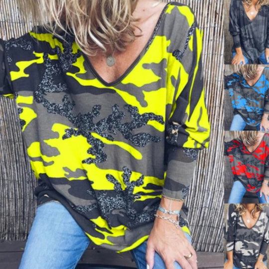 Damen Oversize V‑Ausschnitt Longshirt mit Camouflage‑Print und Glitzerbesatz Shop Nory