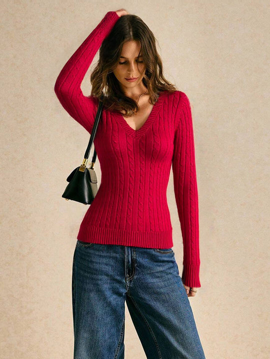 Damen figurbetonter Zopfmuster‑Pullover mit V‑Ausschnitt und taillierender Rippstruktur Shop Nory