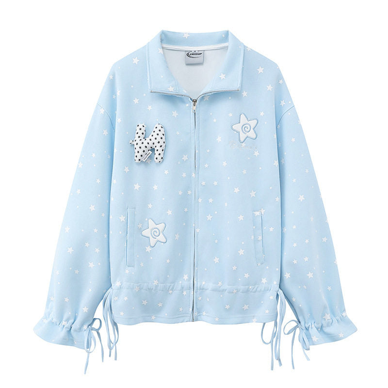 Damen leichte Stehkragen-Sweatjacke mit Sternen-Allover, Applikationen und Kordelzug Shop Nory