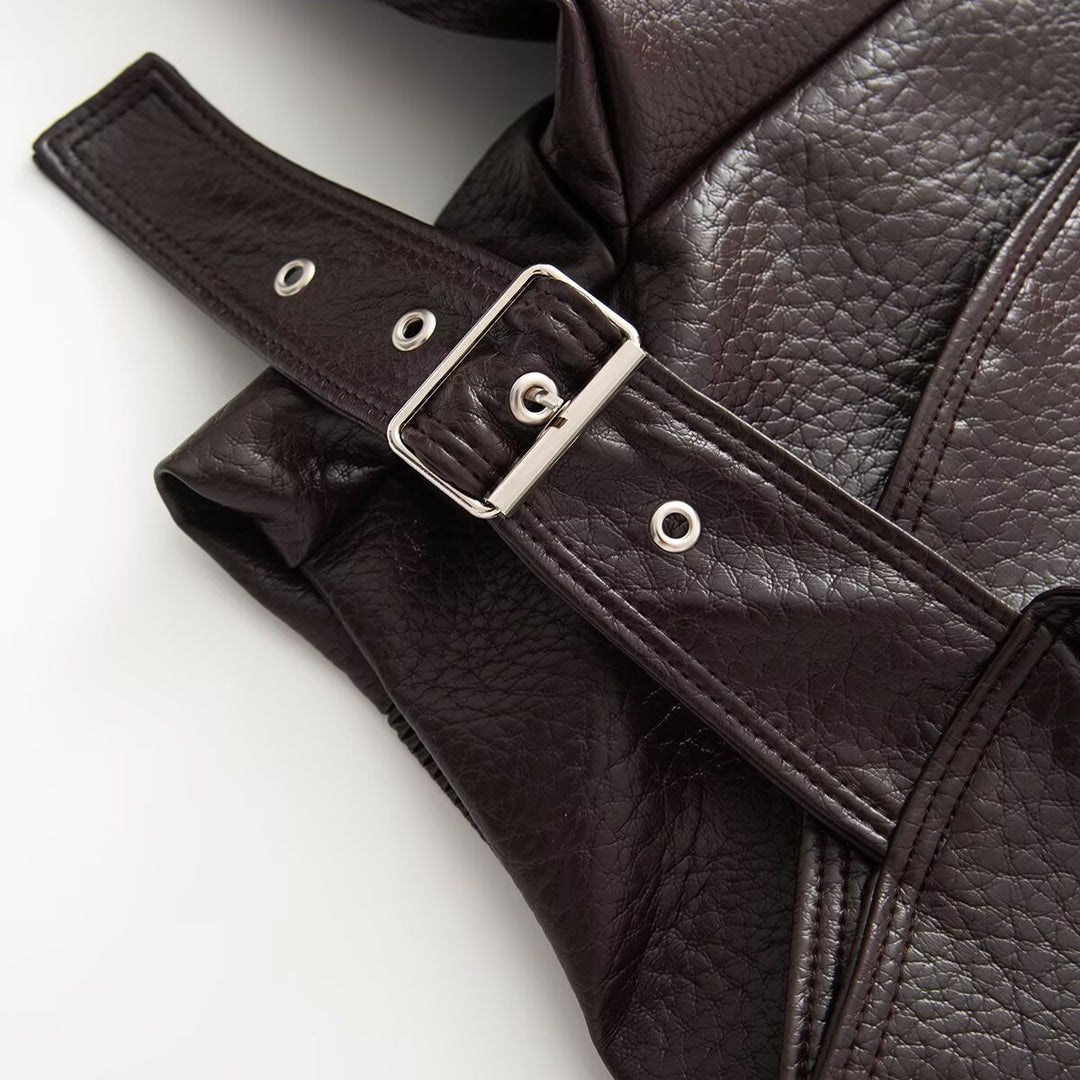 Damen Kurzgeschnittene Wickeljacke aus Lederoptik mit großem Schalkragen und Taillengürtel Shop Nory