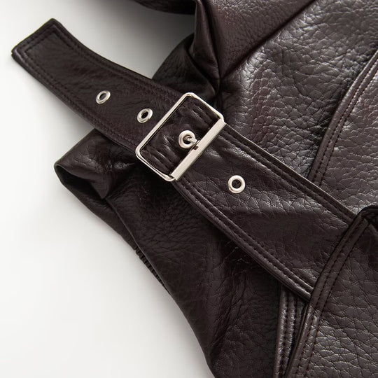 Damen Kurzgeschnittene Wickeljacke aus Lederoptik mit großem Schalkragen und Taillengürtel Shop Nory