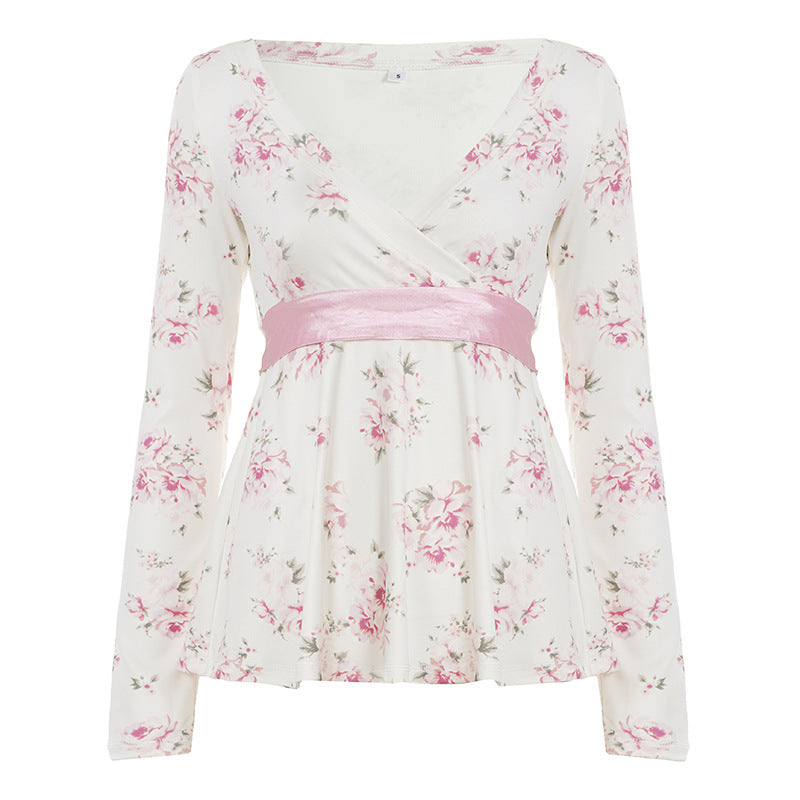 Damen nan florales Wickelshirt mit V-Ausschnitt, tailliertem Empire-Schnitt und breitem Satinband Shop Nory