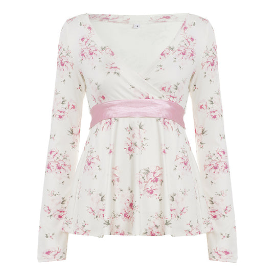 Damen nan florales Wickelshirt mit V-Ausschnitt, tailliertem Empire-Schnitt und breitem Satinband Shop Nory