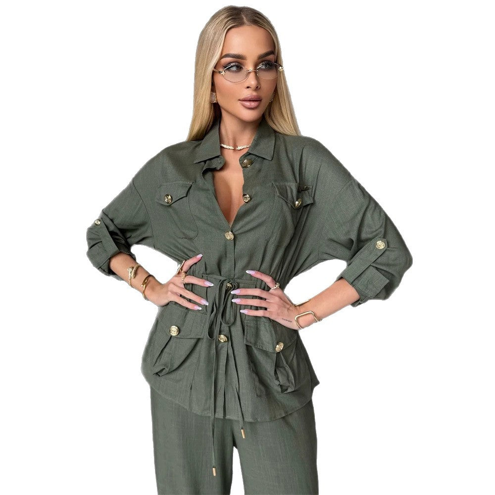 Damen Leinenoptik Utility-Hemdjacke mit Tunnelzugtaillierung und goldenen Zierknöpfen Shop Nory
