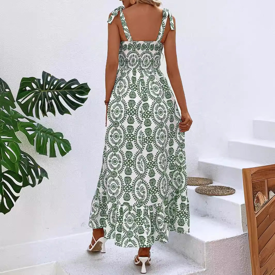 Damen Maxikleid mit Smok-Bustier, Bindeträgern und seitlichem Beinschlitz Shop Nory