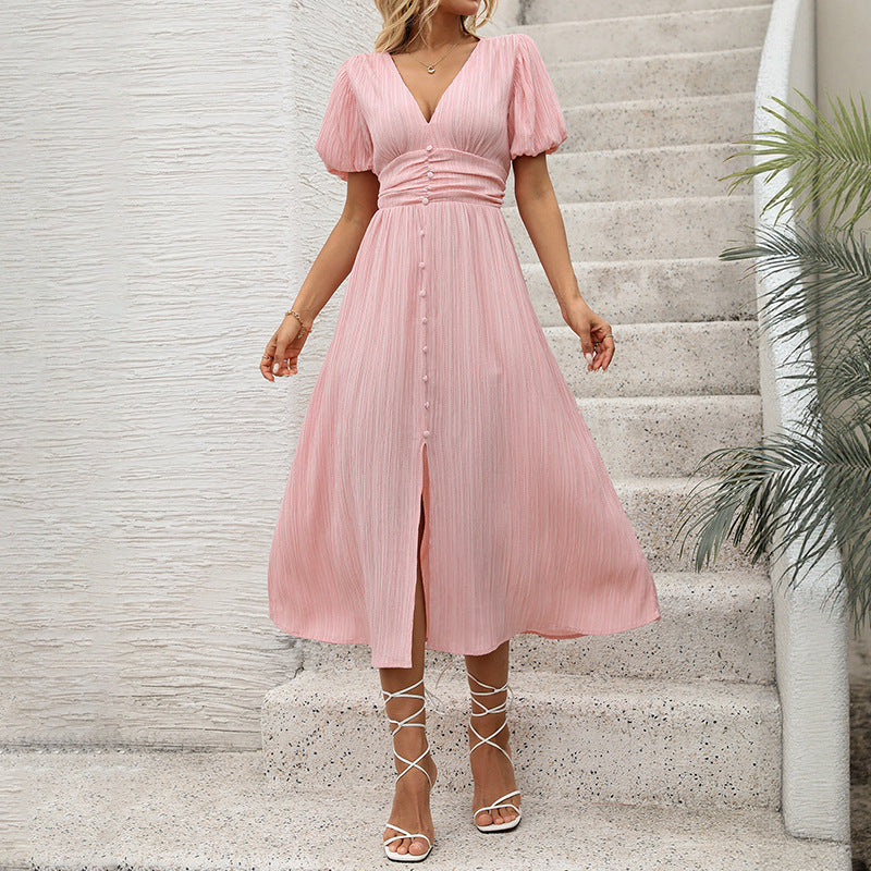 Damen Figurumschmeichelndes Midikleid mit Rippstruktur, Puffärmeln und V‑Ausschnitt Shop Nory