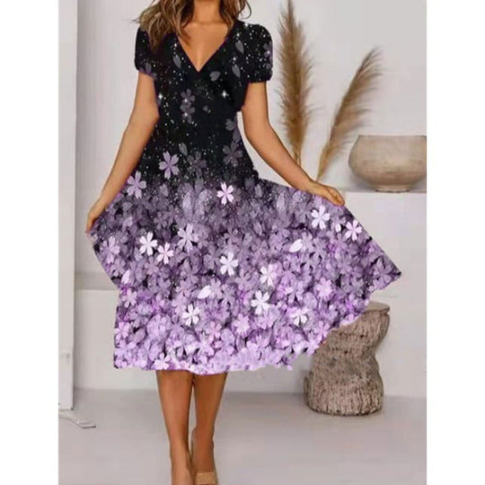 Damen A-Linie Sommerkleid mit V-Ausschnitt und floralen Akzenten