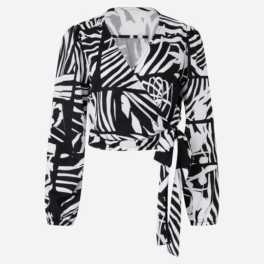 Damen kurze Wickelbluse mit V-Ausschnitt und tailliertem Bindegürtel Shop Nory