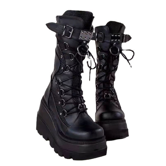 Damen Plateau-Schnürstiefel mit klobiger Lug-Sohle, Netzbesatz und verstellbaren Schnallen Shop Nory