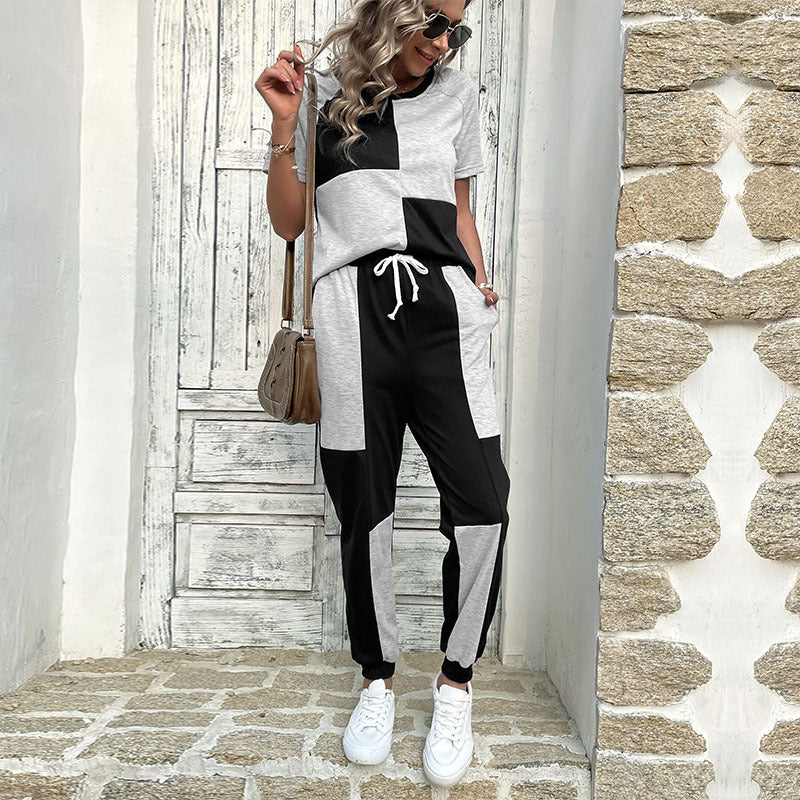Damen Zweiteiler Freizeit-Set aus Baumwollmix mit Colorblock-Shirt und Jogginghose Shop Nory