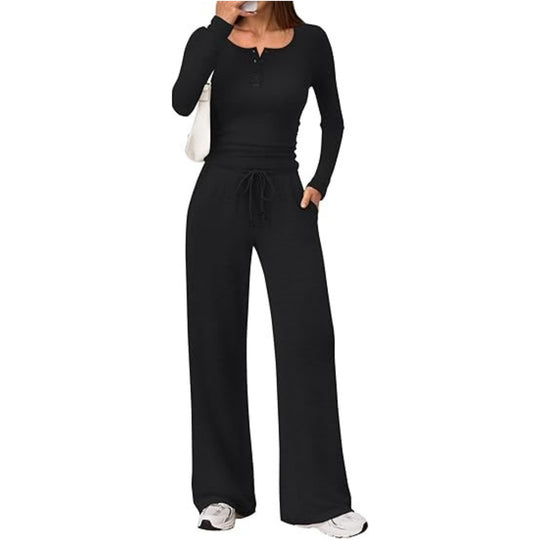 Damen Zweiteiliges Feinstrick-Lounge-Set mit Henley-Top und Palazzo-Hose Shop Nory