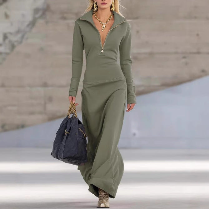 Damen Elegantes Jersey-Maxi-Kleid mit Halbzip-Kragen, taillierter Silhouette und fließendem Rock Shop Nory