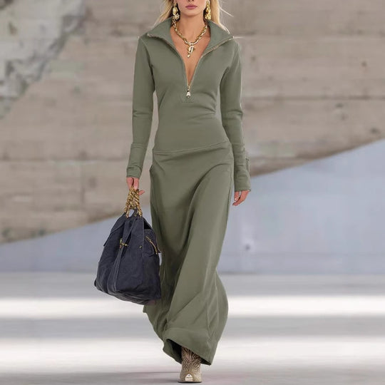 Damen Elegantes Jersey-Maxi-Kleid mit Halbzip-Kragen, taillierter Silhouette und fließendem Rock Shop Nory