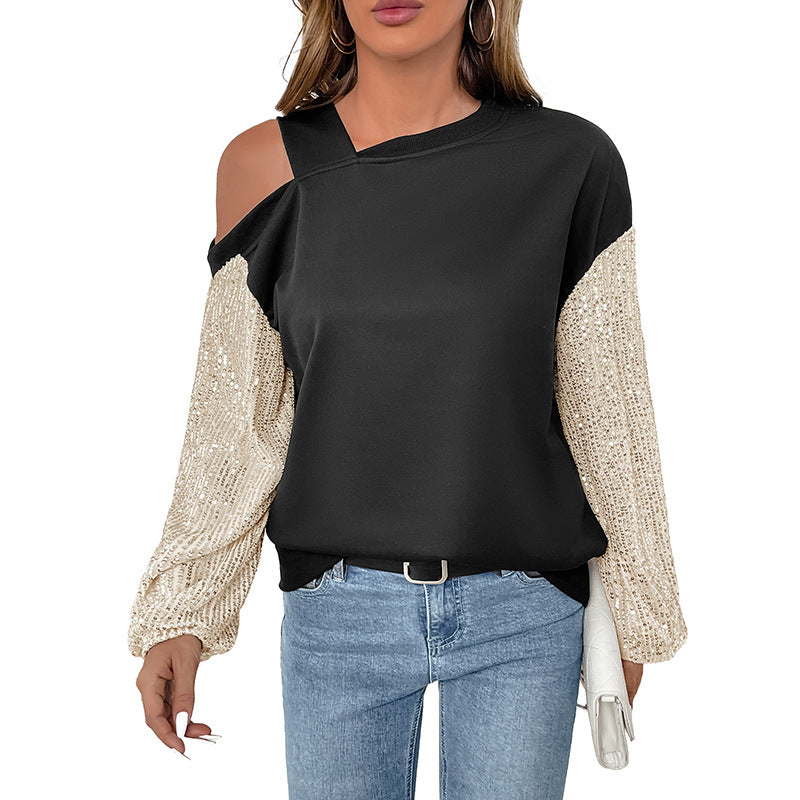 Damen Asymmetrisches Sweatshirt mit Schulterauschnitt und Paillettenstrickärmeln Shop Nory