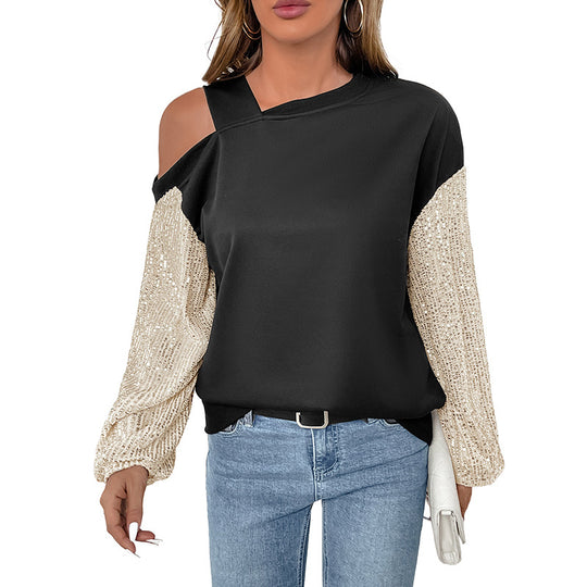 Damen Asymmetrisches Sweatshirt mit Schulterauschnitt und Paillettenstrickärmeln Shop Nory