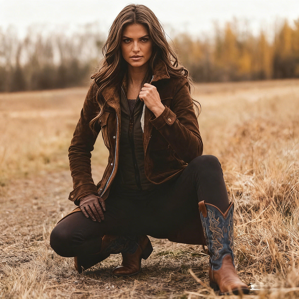 Damen Langjacke aus Veloursleder mit Utility-Taschen und verdecktem Reißverschluss Shop Nory