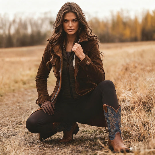 Damen Langjacke aus Veloursleder mit Utility-Taschen und verdecktem Reißverschluss Shop Nory