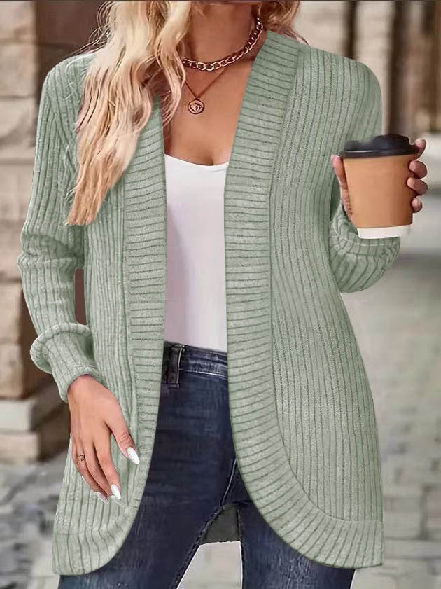Damen Langer Offener Rippstrick-Cardigan mit abgerundetem Saum Shop Nory