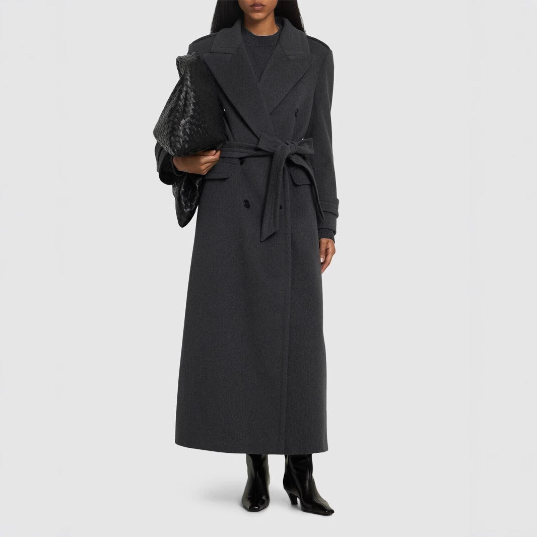 Damen Langer Doppelreihiger Wollmantel mit Taillengürtel Shop Nory