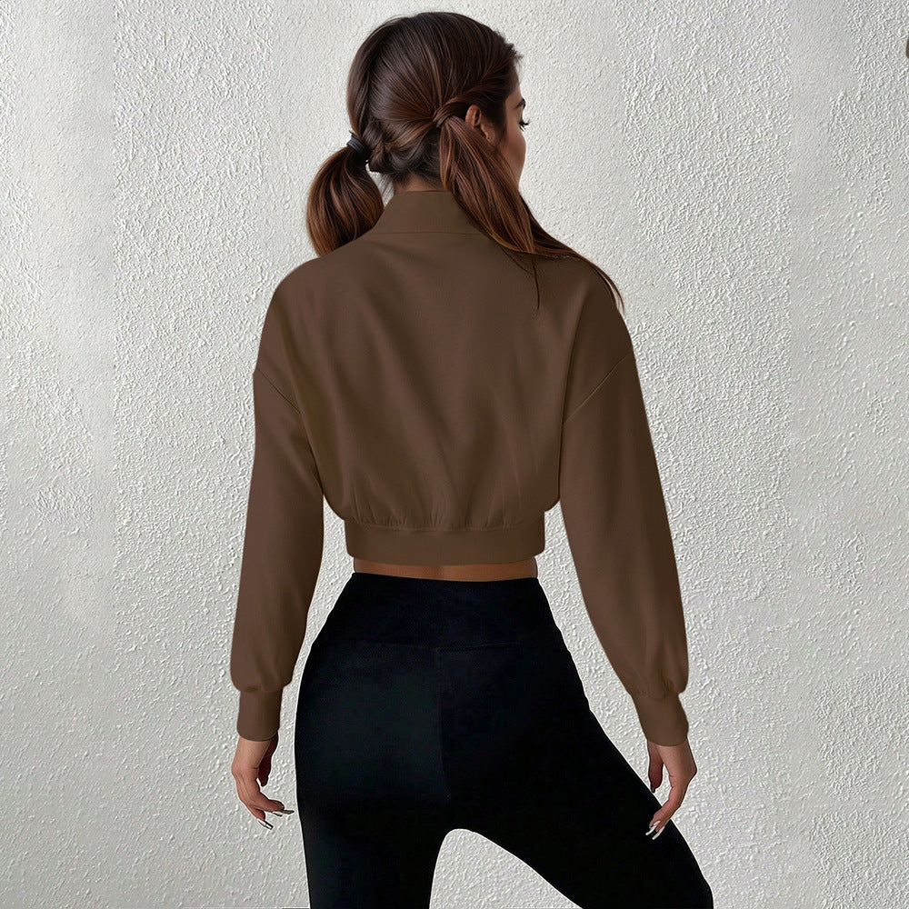 Damen kurzes Stehkragen-Sweatshirt mit halbem Reißverschluss, tailliertem Rippenbund und Daumenloch-Ärmeln Shop Nory