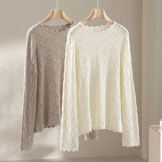 Damen Feines Häkel-Longsleeve mit floraler Lochmuster-Struktur und legerer Silhouette Shop Nory