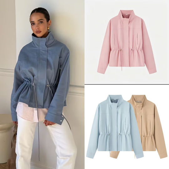 Damen Leichte Übergangsjacke mit Tunnelzug-Taillierung und Stehkragen Shop Nory