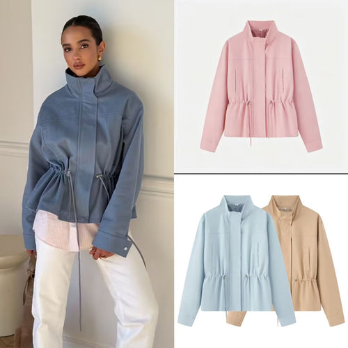 Damen Leichte Übergangsjacke mit Tunnelzug-Taillierung und Stehkragen Shop Nory