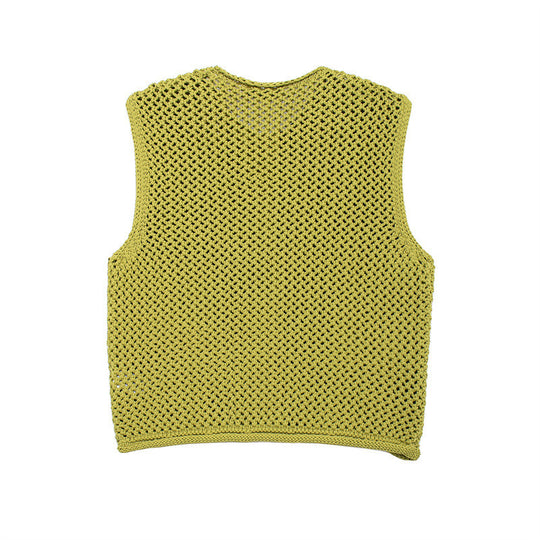 Damen gehäkelte Strickweste mit großen Zierknöpfen und Aufsatztaschen Shop Nory