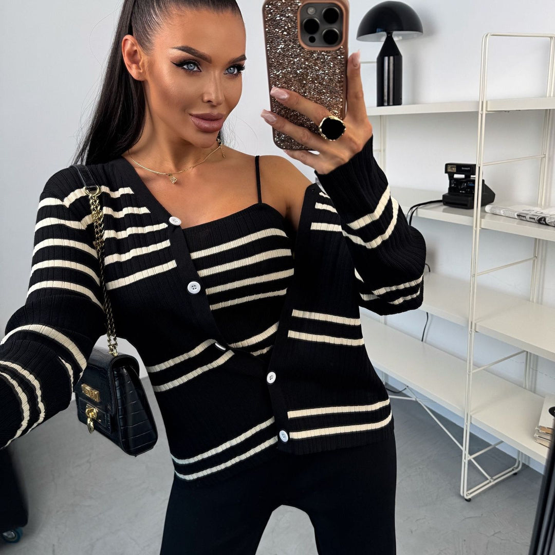 Damen Strick-Loungewear-Set aus Feinripp mit Button-Cardigan, Spaghetti-Top und weitem Jogger Shop Nory