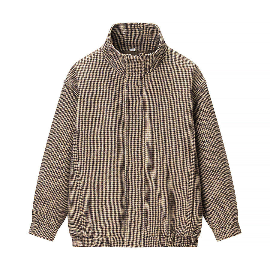 Damen Kurze Oversize-Übergangsjacke im Hahnentritt-Muster mit Stehkragen und elastischem Saum Shop Nory