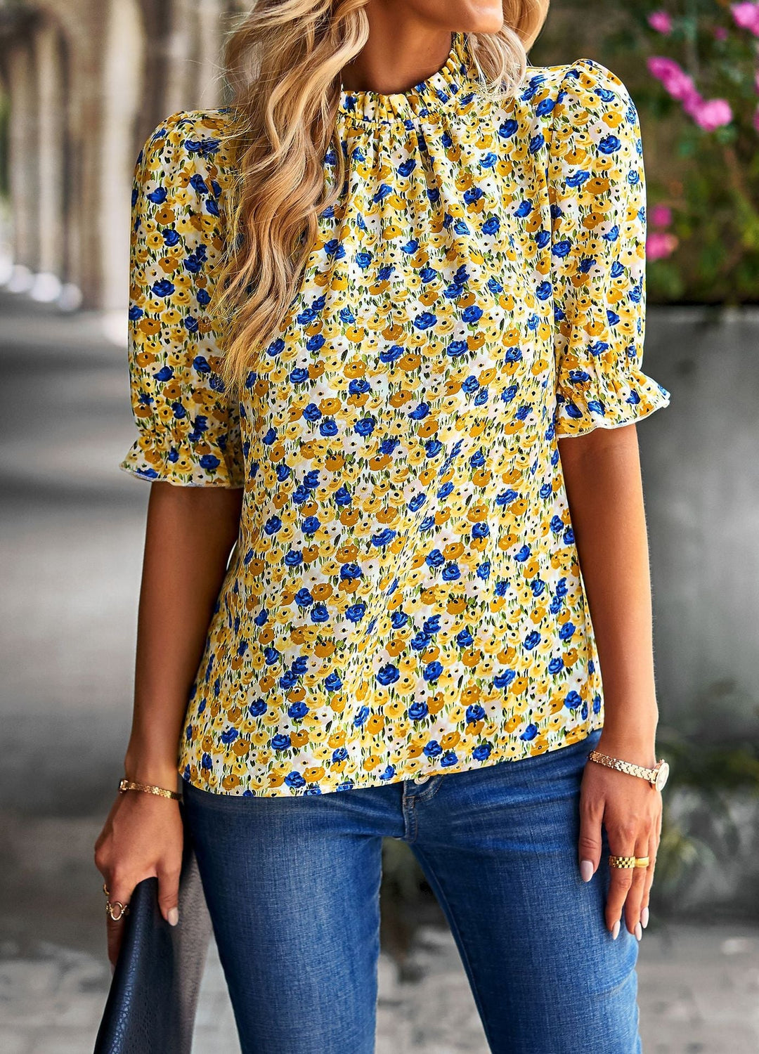 Damen Bluse mit Verspieltem Blumendesign und Puffärmeln