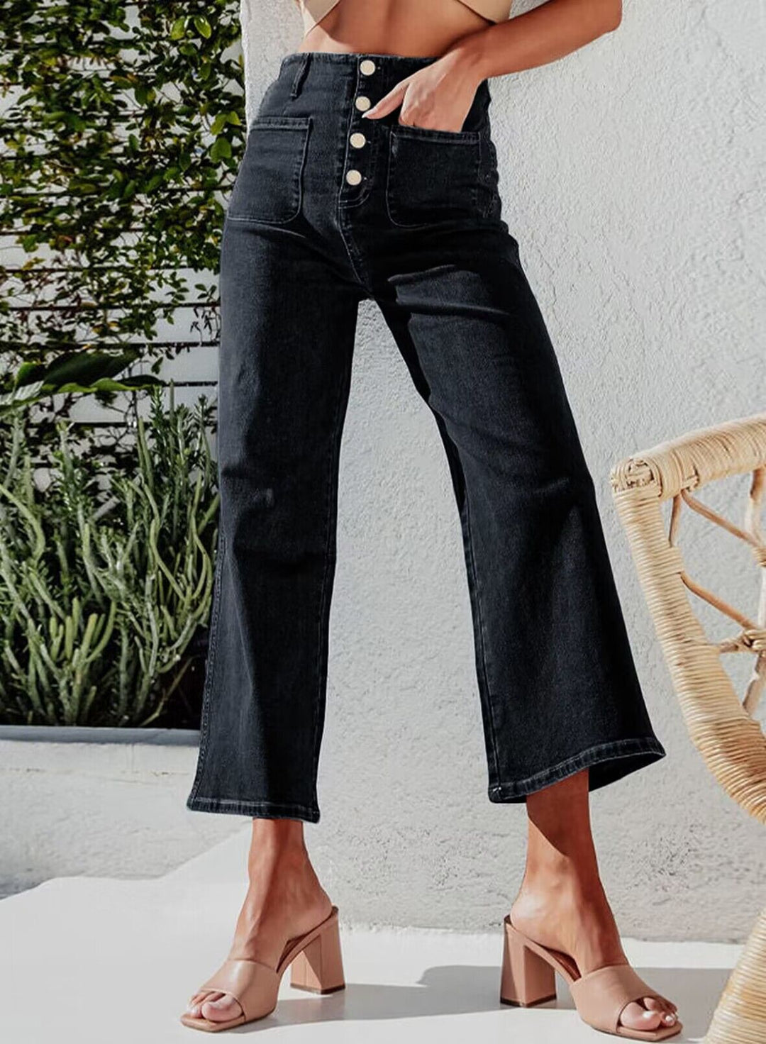 Damen High-Waist Jeans mit Knopfdetail und weitem Bein