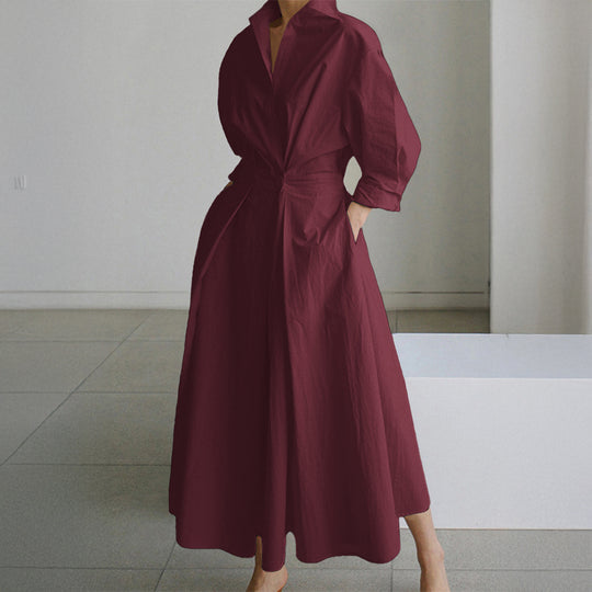Damen nan tailliertes Hemdblusenkleid mit kastigem Kragen, mittellangen Ärmeln, Seitentaschen und ausgestelltem Tellerrock Shop Nory