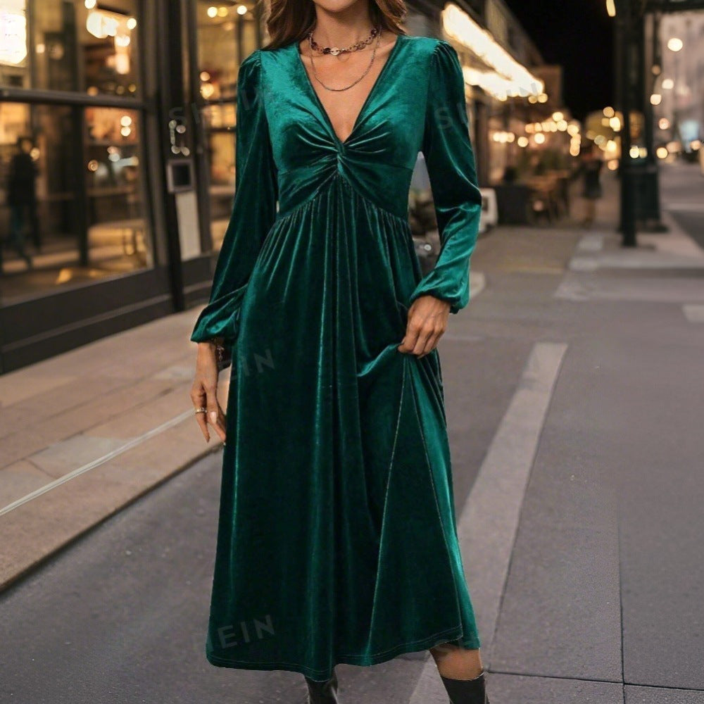 Damen Midikleid aus Samt mit gedrehtem Bustier und schwingendem Tellerrock Shop Nory