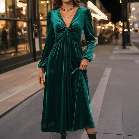 Damen Midikleid aus Samt mit gedrehtem Bustier und schwingendem Tellerrock Shop Nory