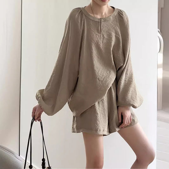 Damen Lockeres Leinen-Set mit Rundhalsausschnitt, Schlitzbluse und weiten Shorts Shop Nory