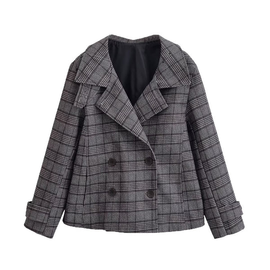 Damen Kurzer Doppelreihiger Glencheck‑Mantel mit weitem Revers Shop Nory