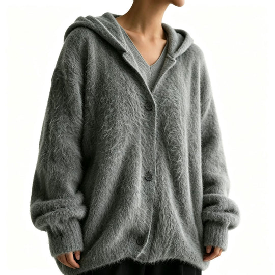 Damen Flauschiger Kapuzen-Cardigan im Mohair-Look mit Knopfleiste Shop Nory